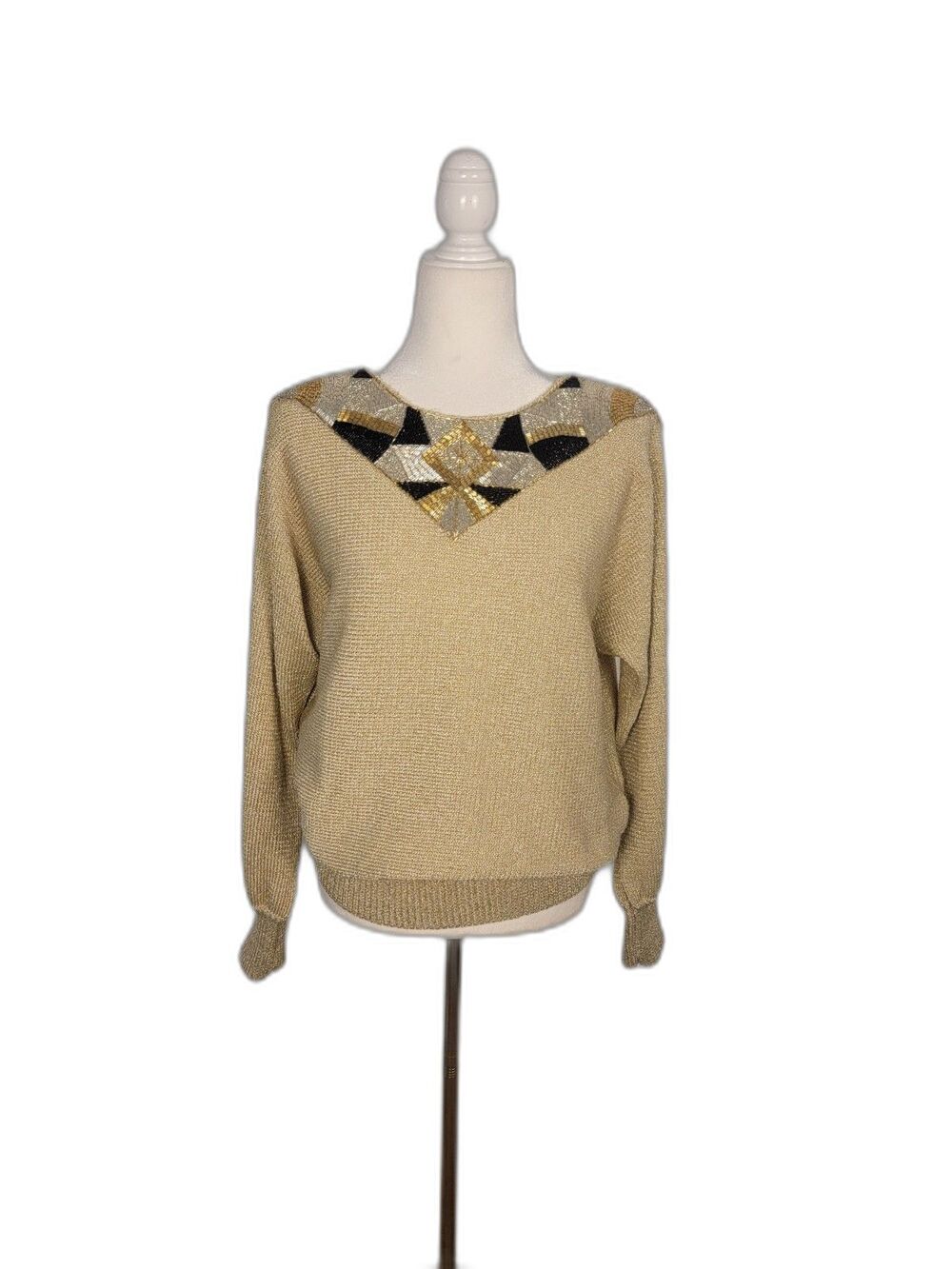 Vintage Lilly of California Beaded Collar Gold Sweater Womens Sz L Metallic